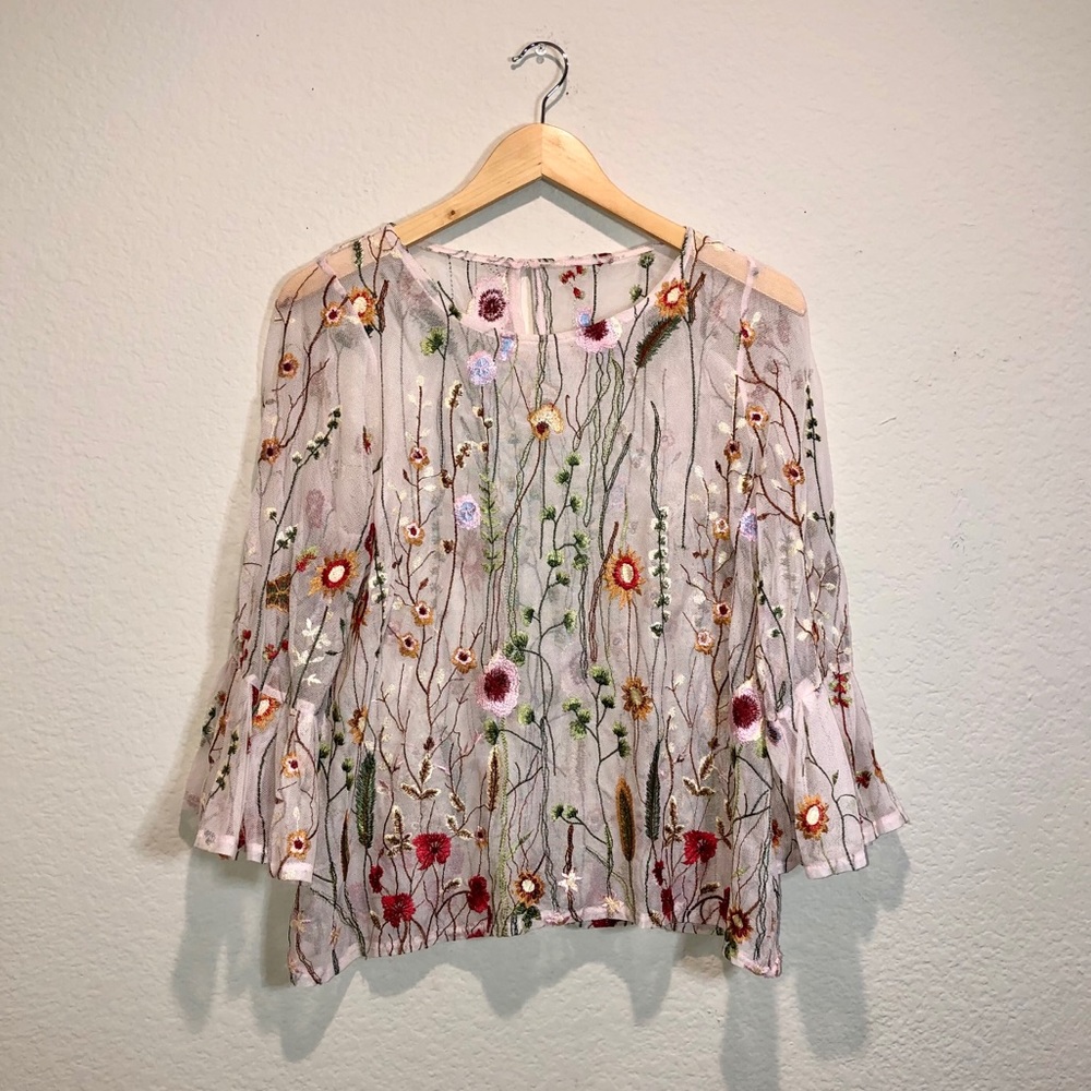 Embroidered Mesh Pink Floral Bell-Sleeve Blouse